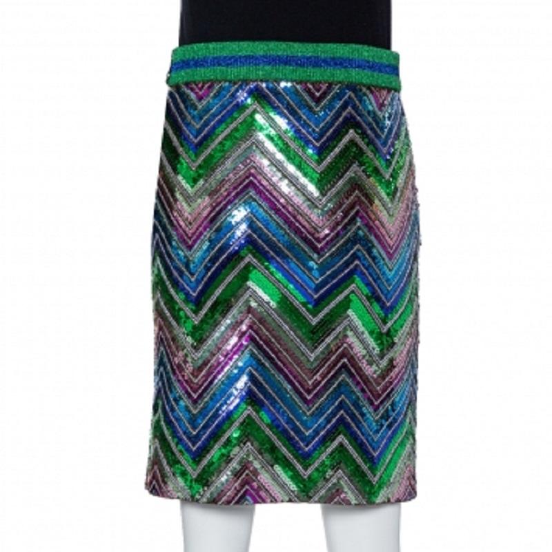 Women's Gucci Multicolor Lurex Knit Chevron Pattern Sequin Embellished Skirt L For Sale
