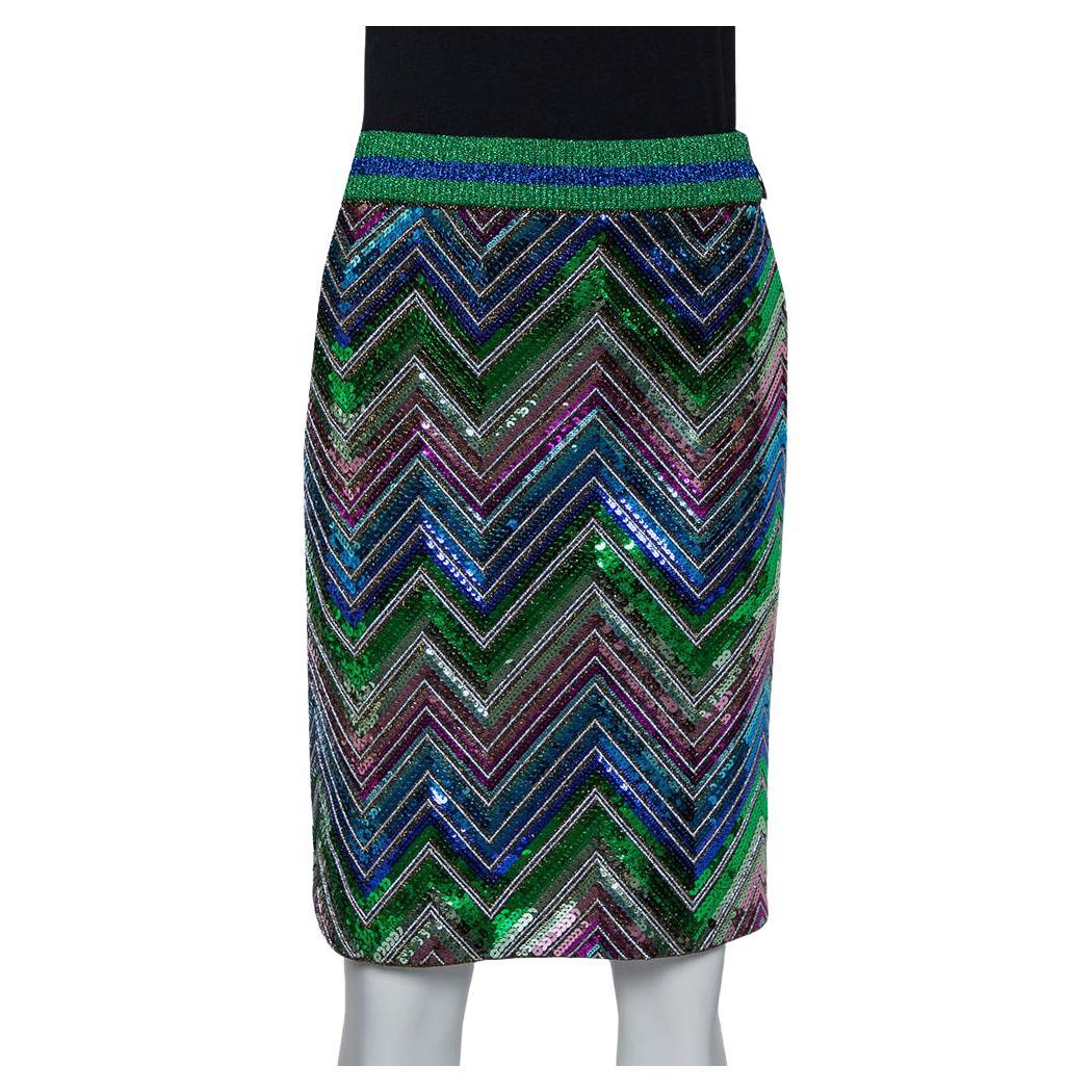 Gucci Multicolor Lurex Knit Chevron Pattern Sequin Embellished Skirt L For Sale