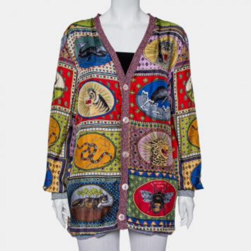 Gucci Multicolor Lurex Knit & Silk Reversible Button Front Cardigan L For Sale 5