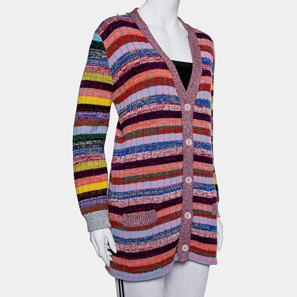 Gucci Multicolor Lurex Knit & Silk Reversible Button Front Cardigan L In Good Condition For Sale In Dubai, Al Qouz 2