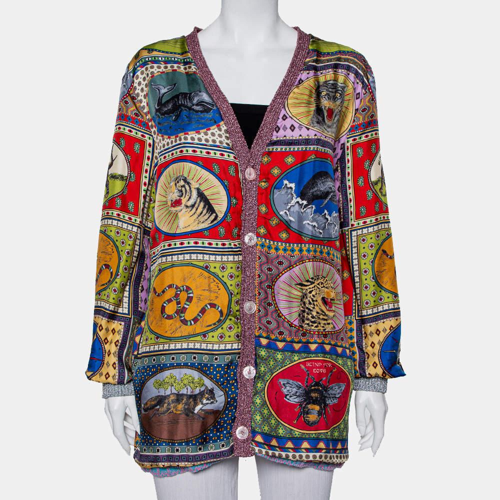 Gucci Multicolor Lurex Knit & Silk Reversible Button Front Cardigan L For Sale 1