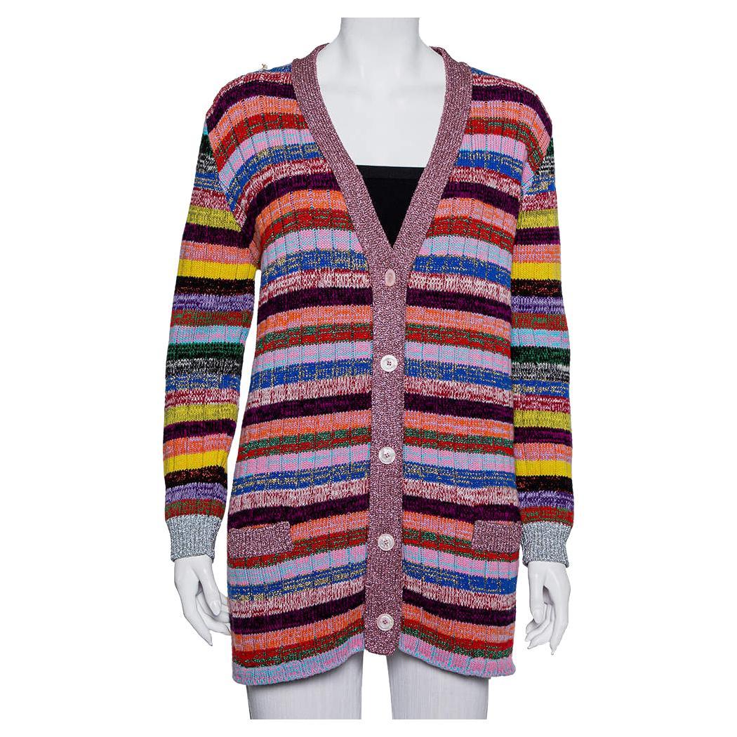 Gucci Multicolor Lurex Knit & Silk Reversible Button Front Cardigan L