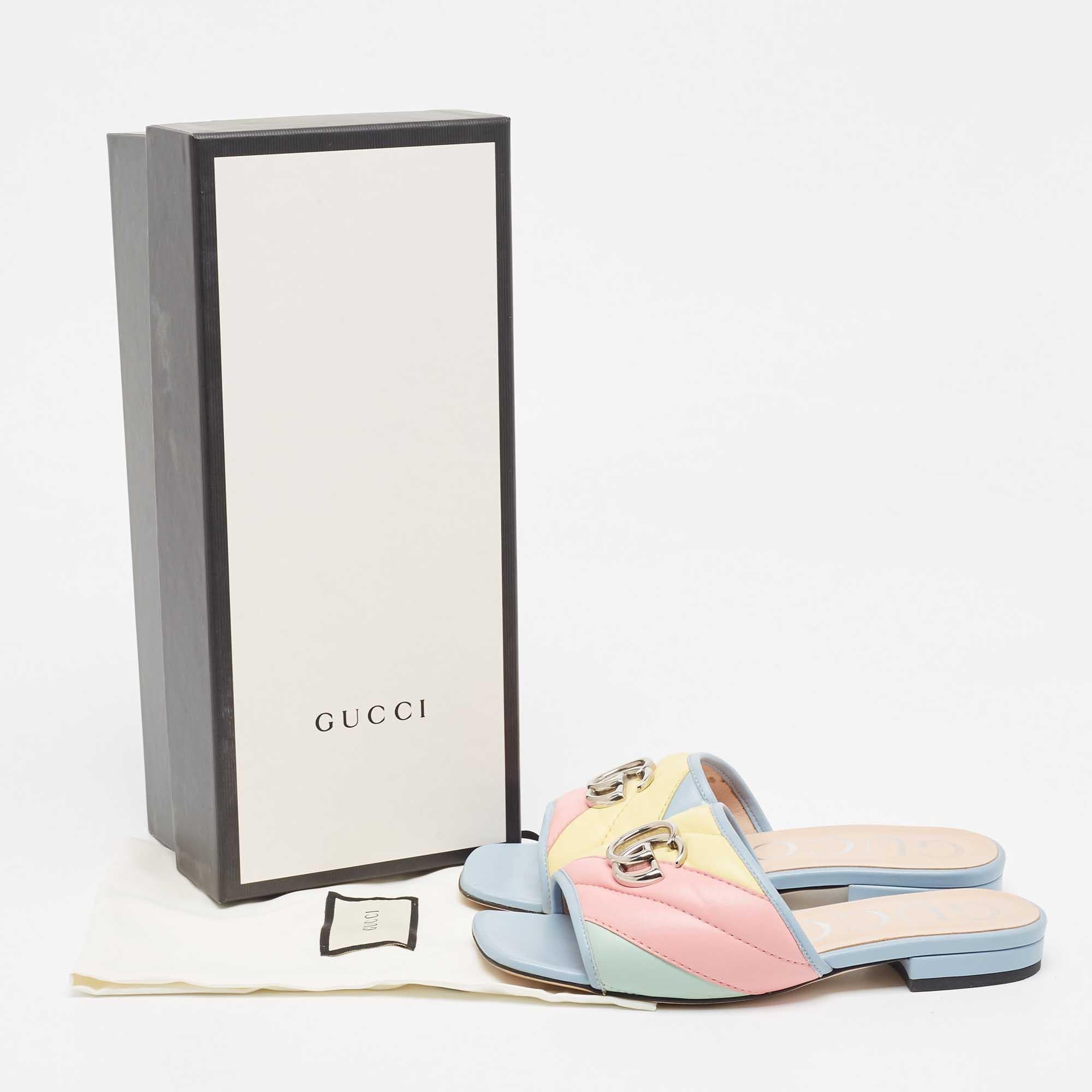 Gucci Multicolor Matelassé Leather GG Marmont Flat Slides Size 35 For Sale 4