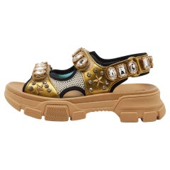 Mehrfarbige Aguru-Sandalen aus Netz und Leder mit Slingback von Gucci, Größe 36,5