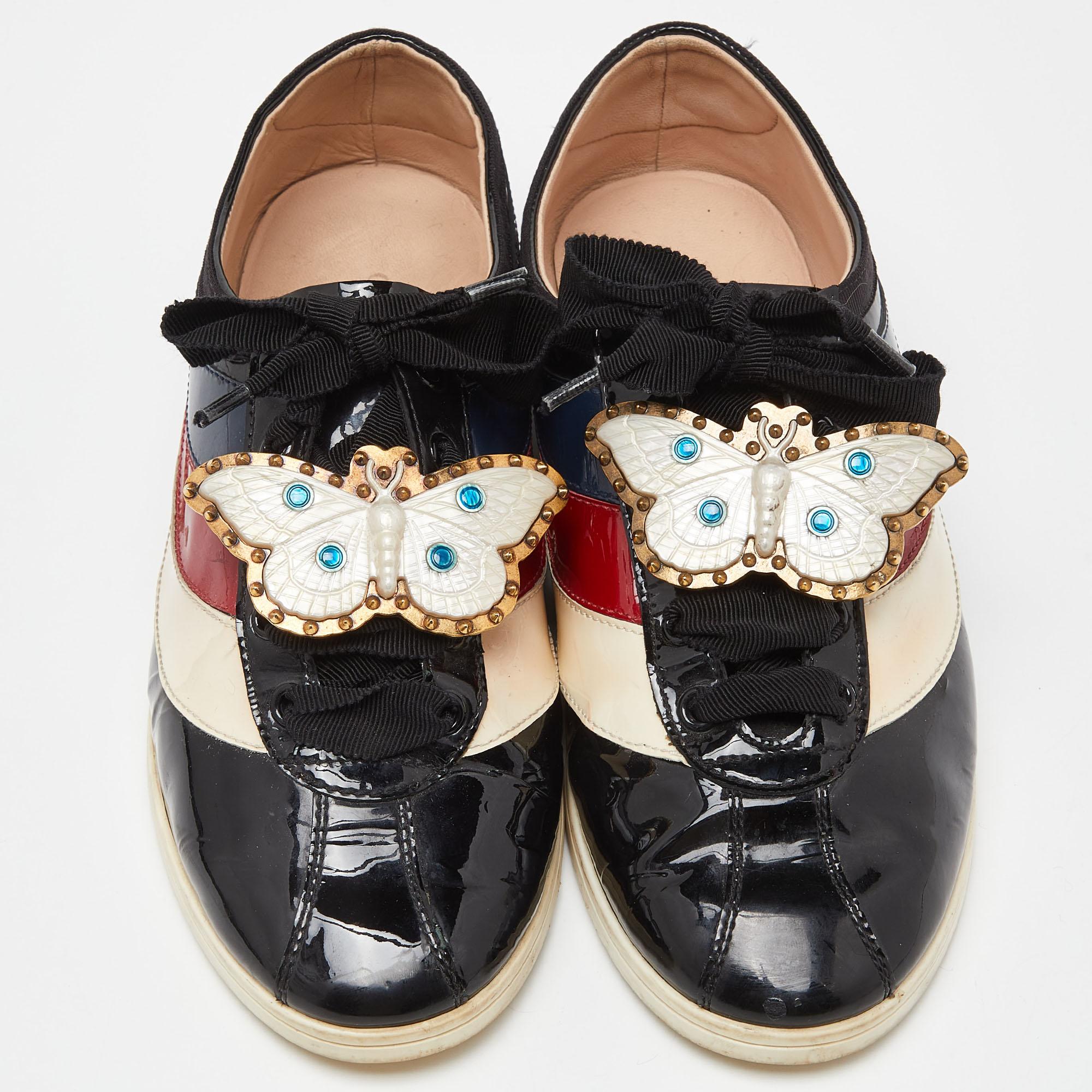 Noir Gucci Baskets Falacer Butterfly en cuir verni multicolore taille 38,5 en vente