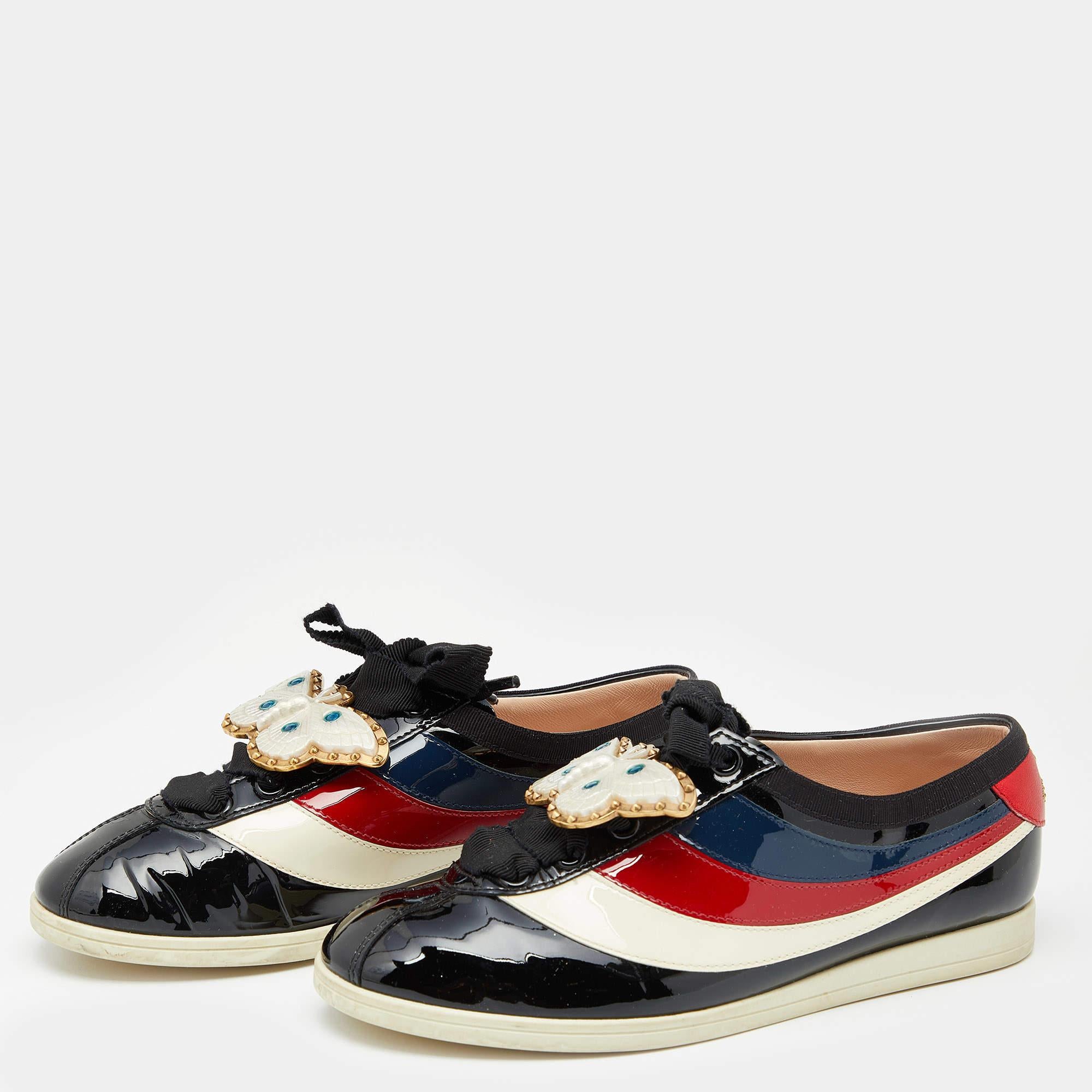 Gucci Multicolor Patent Leather New Ace Falacer Butterfly Low Top Sneakers Size  2