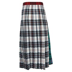 Gucci Multicolor Plaided Wool Leather Trim Pleated Midi Skirt S