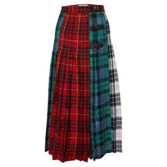 Gucci Multicolor Plaided Wool Leather Trim Pleated Midi Skirt S