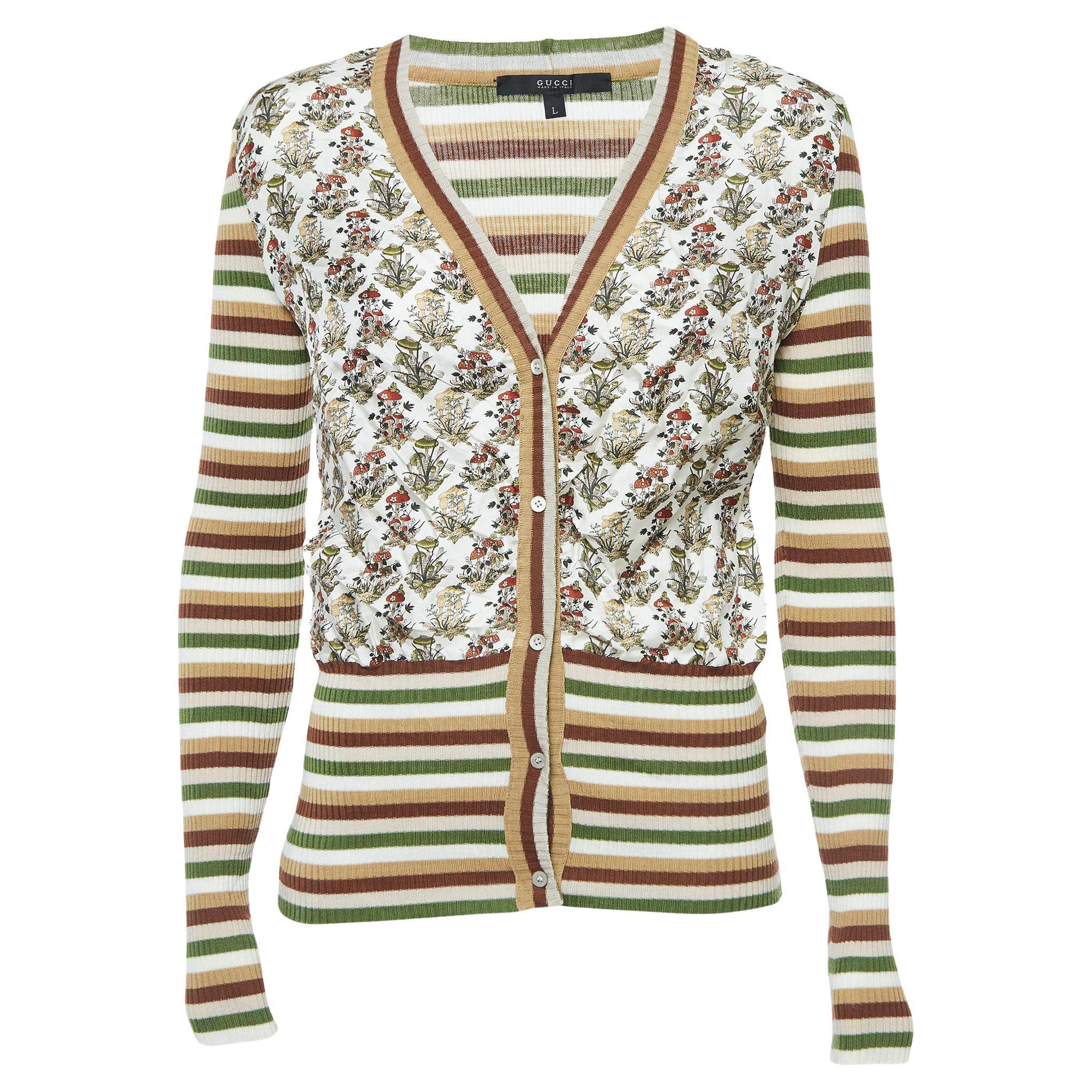 Gucci Multicolor Print Silk and Wool Knit Buttoned Cardigan L For Sale