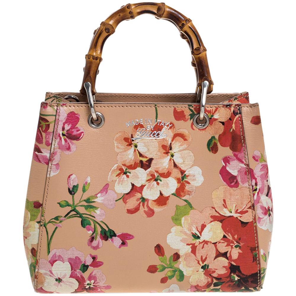 Gucci Multicolor Printed Blooms Leather Mini Bamboo Tote