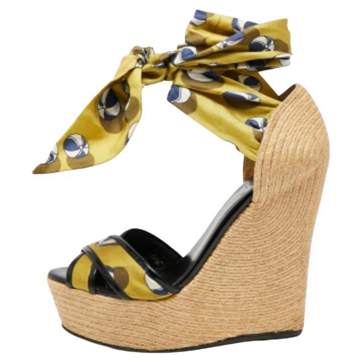 Gucci Multicolor Printed Silk and Jute Scarf Ankle Wrap Wedge Sandals Size 39 For Sale