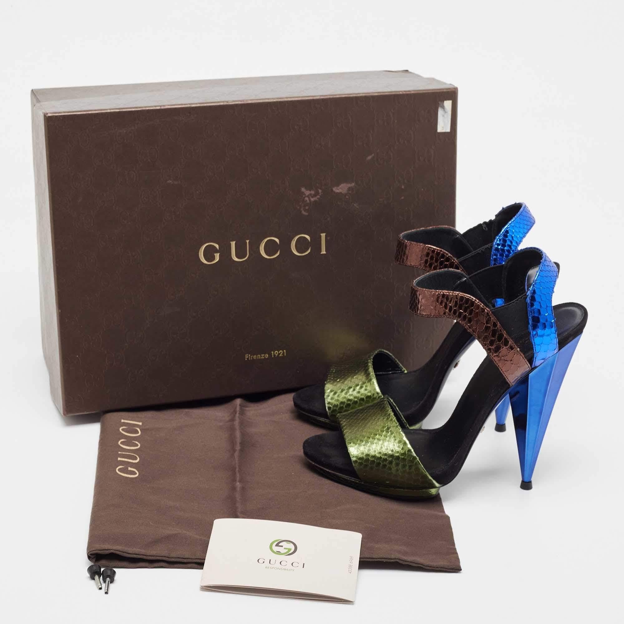 Mehrfarbige Python Liberty Sandalen mit offener Zehe und Knöchelriemen Größe 37,5 von Gucci im Angebot 5