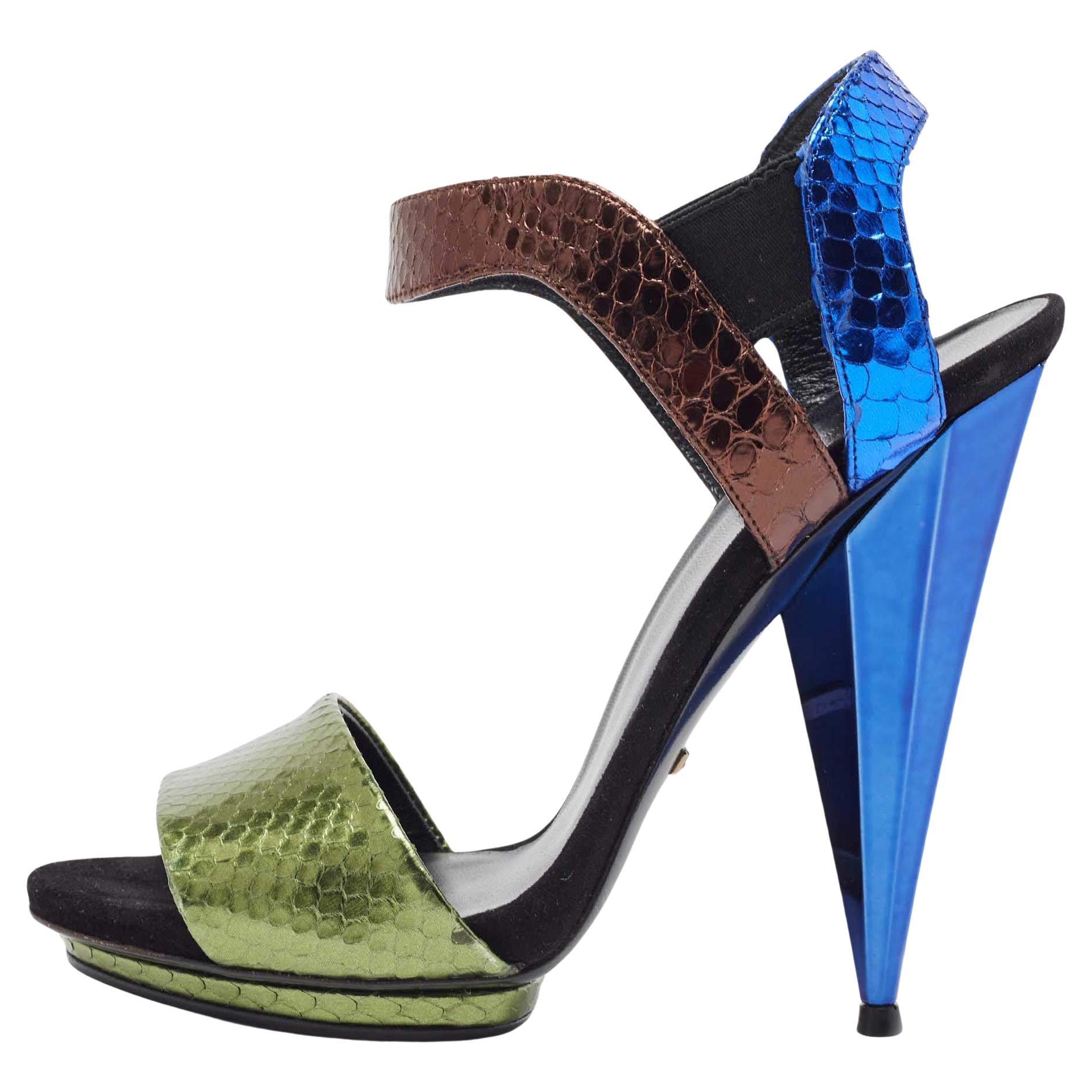 Mehrfarbige Python Liberty Sandalen mit offener Zehe und Knöchelriemen Größe 37,5 von Gucci im Angebot