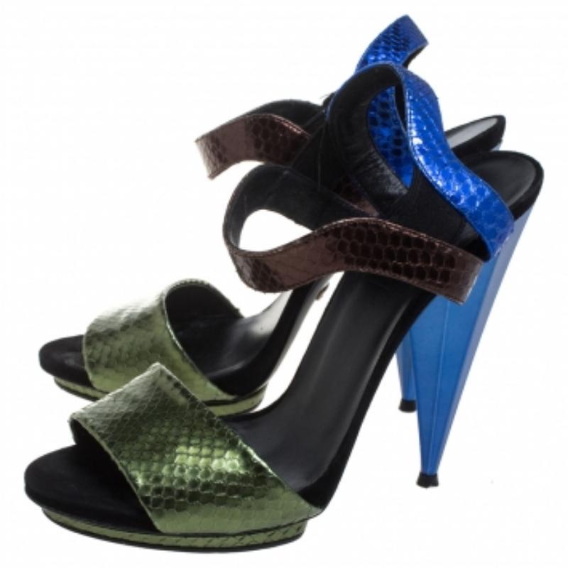 Black Gucci Multicolor Python Liberty Open Toe Ankle Strap Sandals Size 40 For Sale