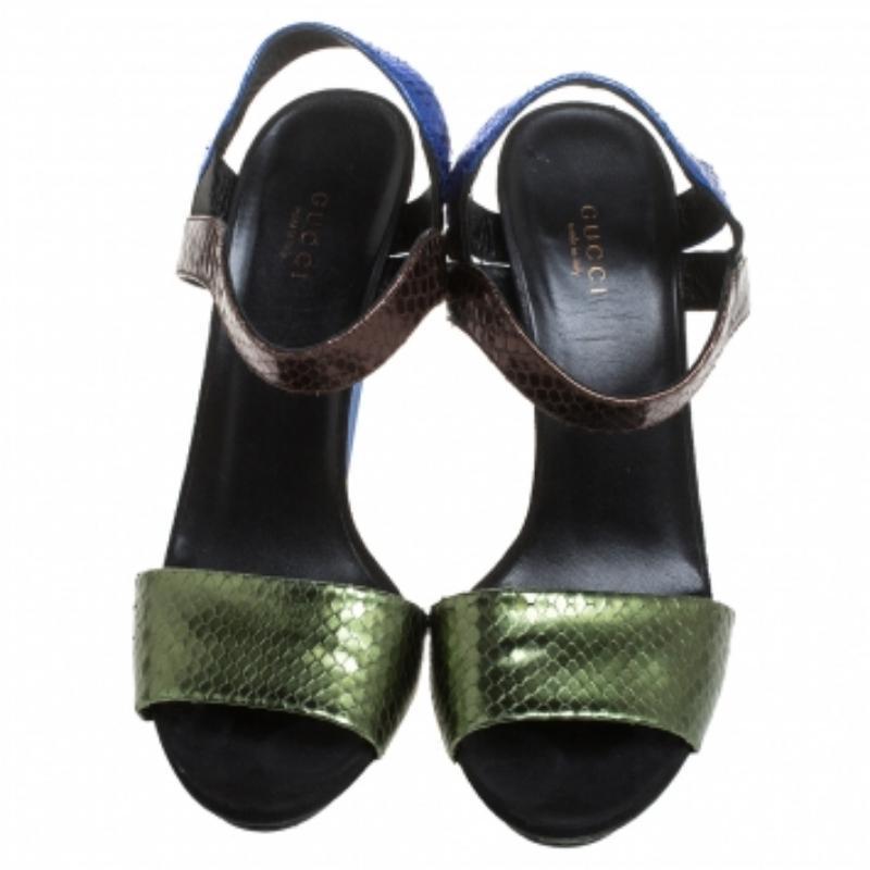 Women's Gucci Multicolor Python Liberty Open Toe Ankle Strap Sandals Size 40 For Sale