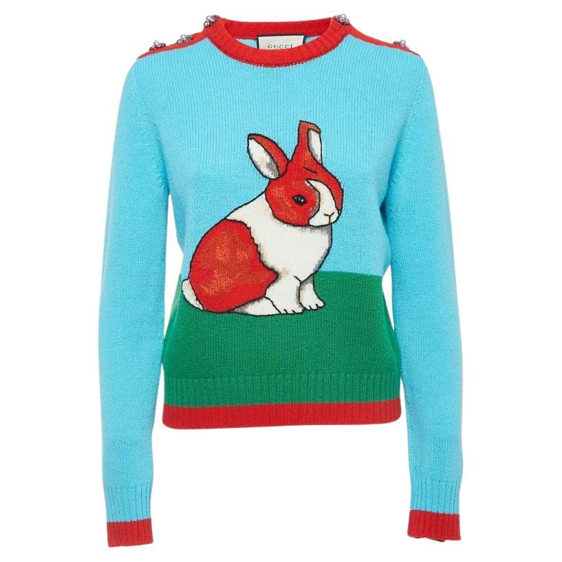 Mehrfarbiger Wollpullover mit Kaninchen-Intarsien von Gucci S im Angebot