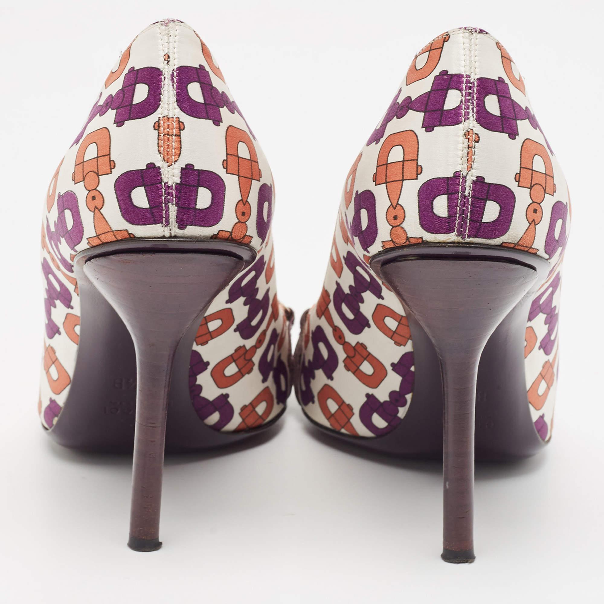Women's Gucci Multicolor Satin Horsebit Peep Toe Pumps Size 38.5 For Sale
