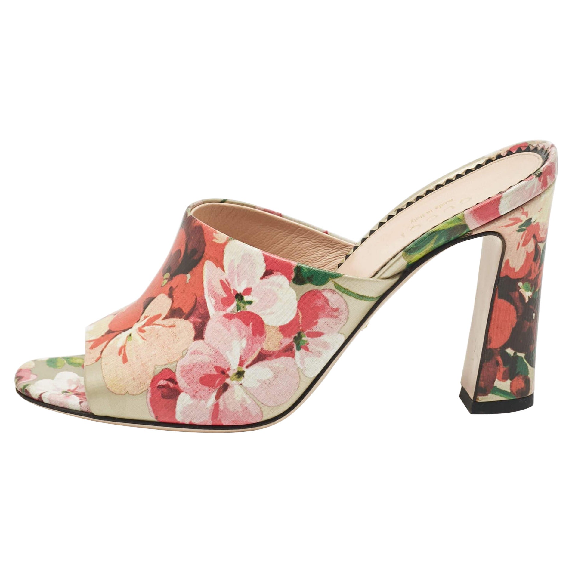 Gucci Multicolor Shanghai Blooms Print Leather Slide Sandals Size 36.5