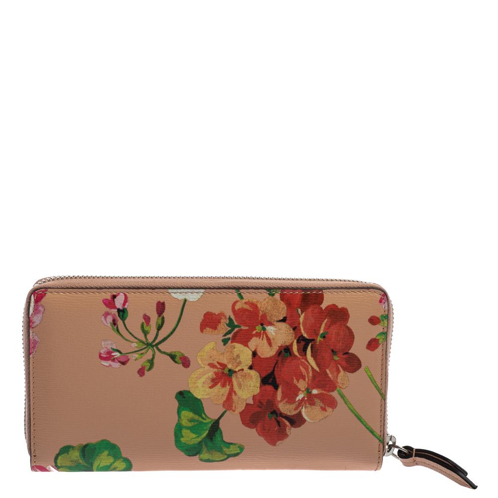 Gucci Multicolor Shanghai Blooms Print Leder Zip um Brieftasche (Braun)