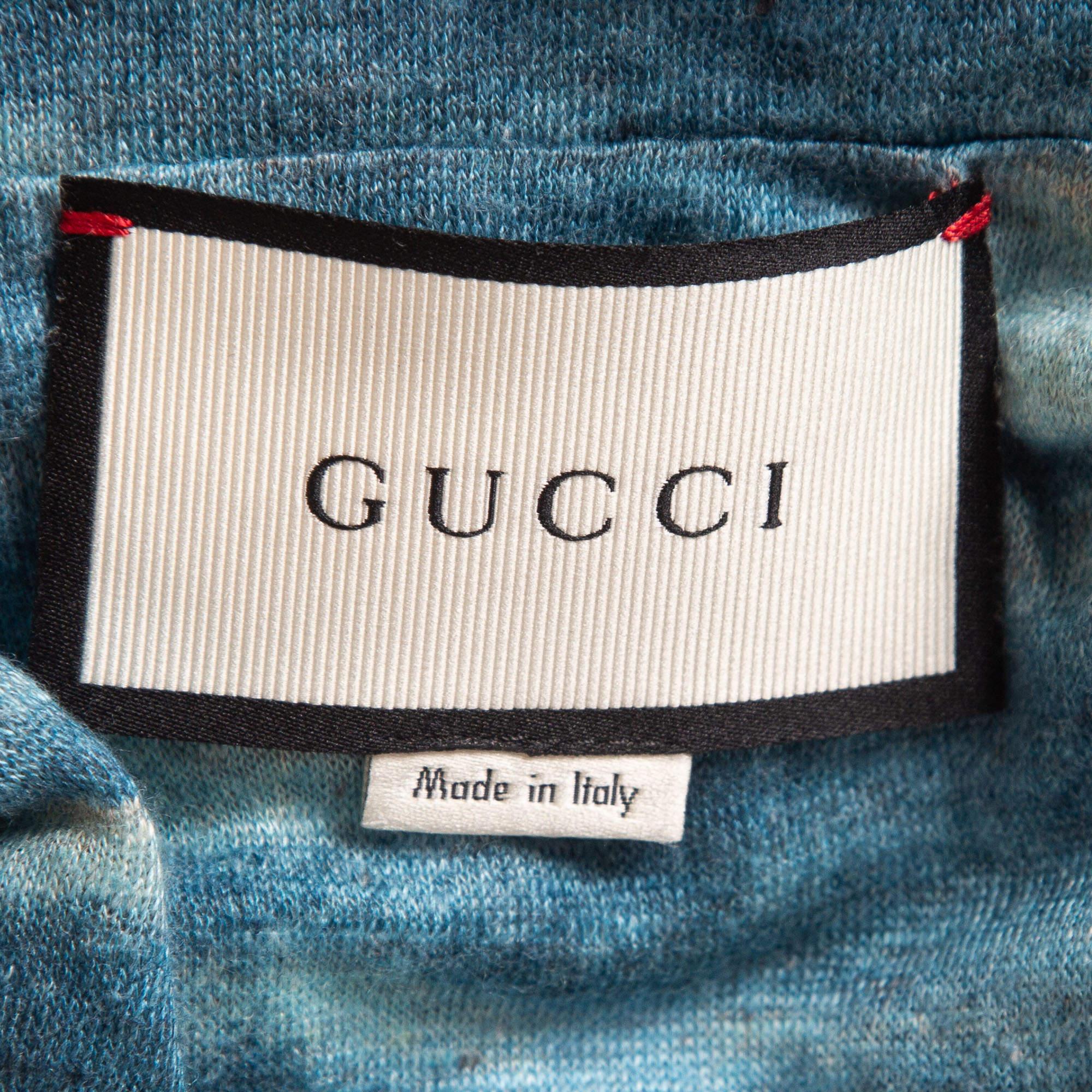 Blue Gucci Multicolor Snake Garden Printed Linen Knit T-Shirt M