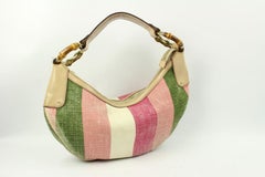 Gucci Multicolor Stripe Bamboo Hobo Ggtl180 Pink Canvas Shoulder Bag