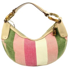 Gucci Multicolor Stripe Bamboo Hobo Ggtl180 Pink Canvas Shoulder Bag