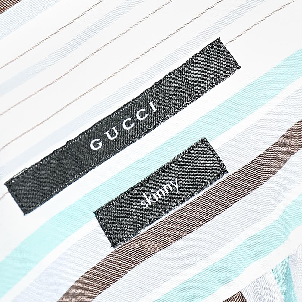 Gray Gucci Multicolor Striped Cotton Button Front Skinny Shirt 3XL For Sale