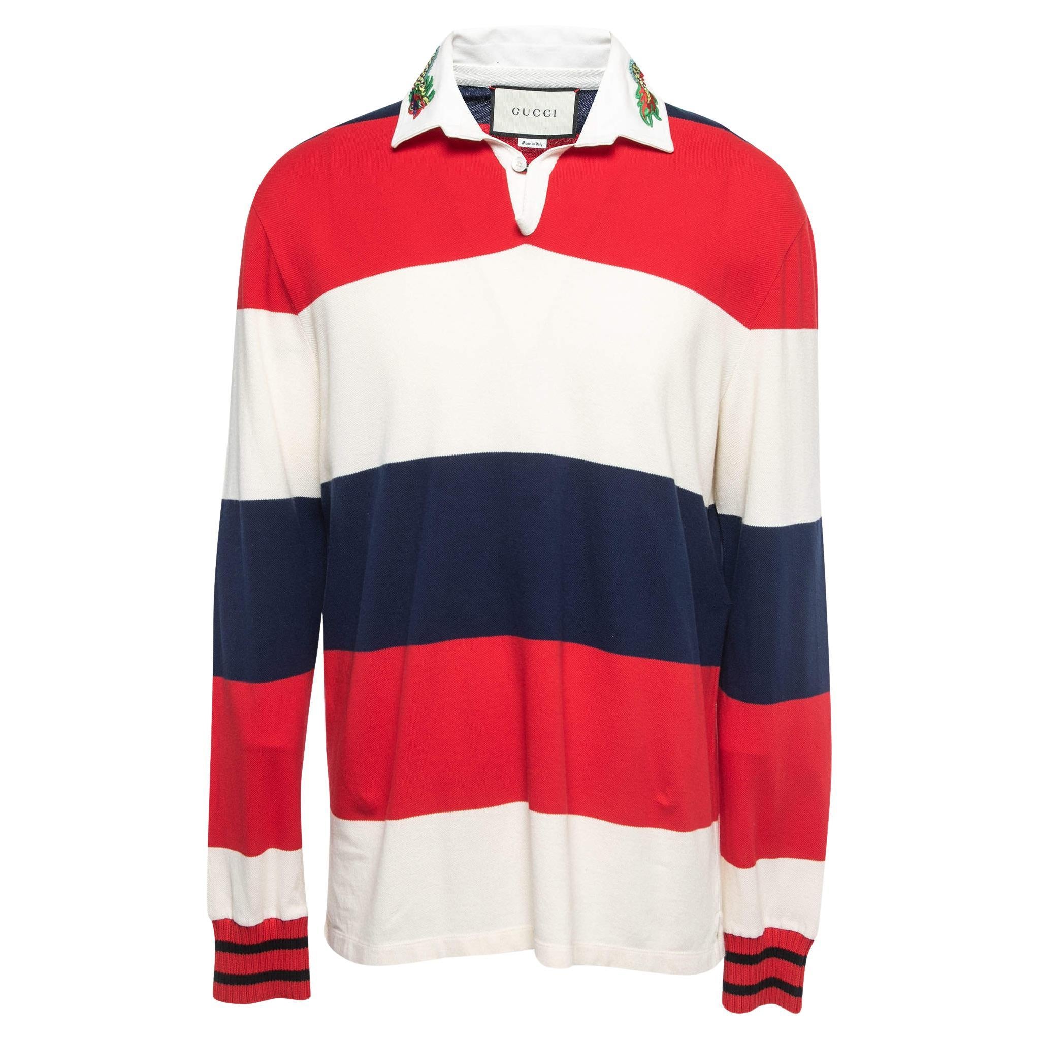 Gucci Multicolor Striped Cotton Knit Contrast Collar Detail Long Sleeve t-Shirt 