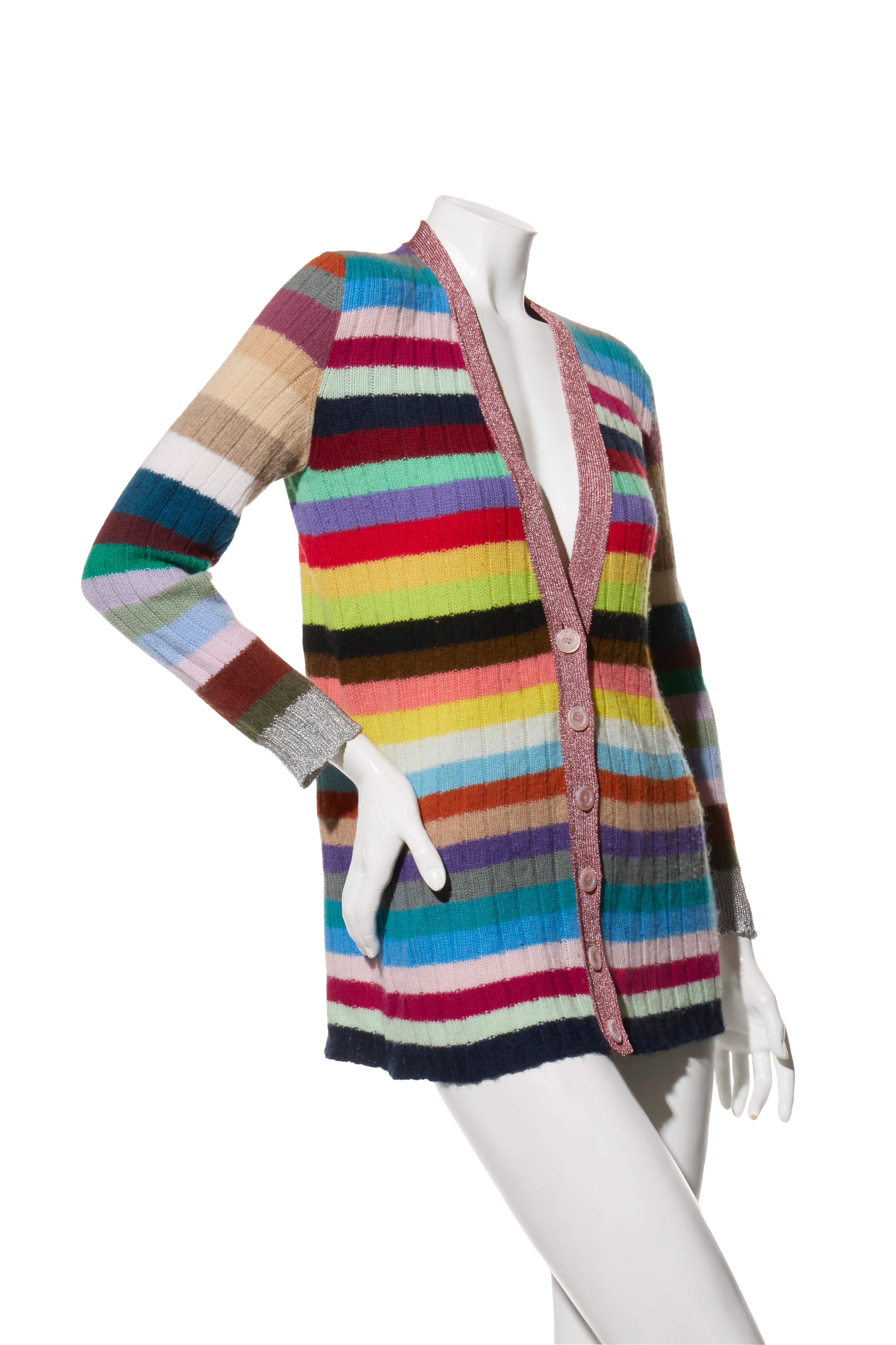 Gucci Multicolor Striped Metallic-Trim Cardigan, Fall/Winter 2017, Size XS

Description:
A striking Gucci cardigan from the Fall/Winter 2017 collection, designed under Alessandro Michele. Crafted in Italy from a luxurious blend of 80% cashmere and