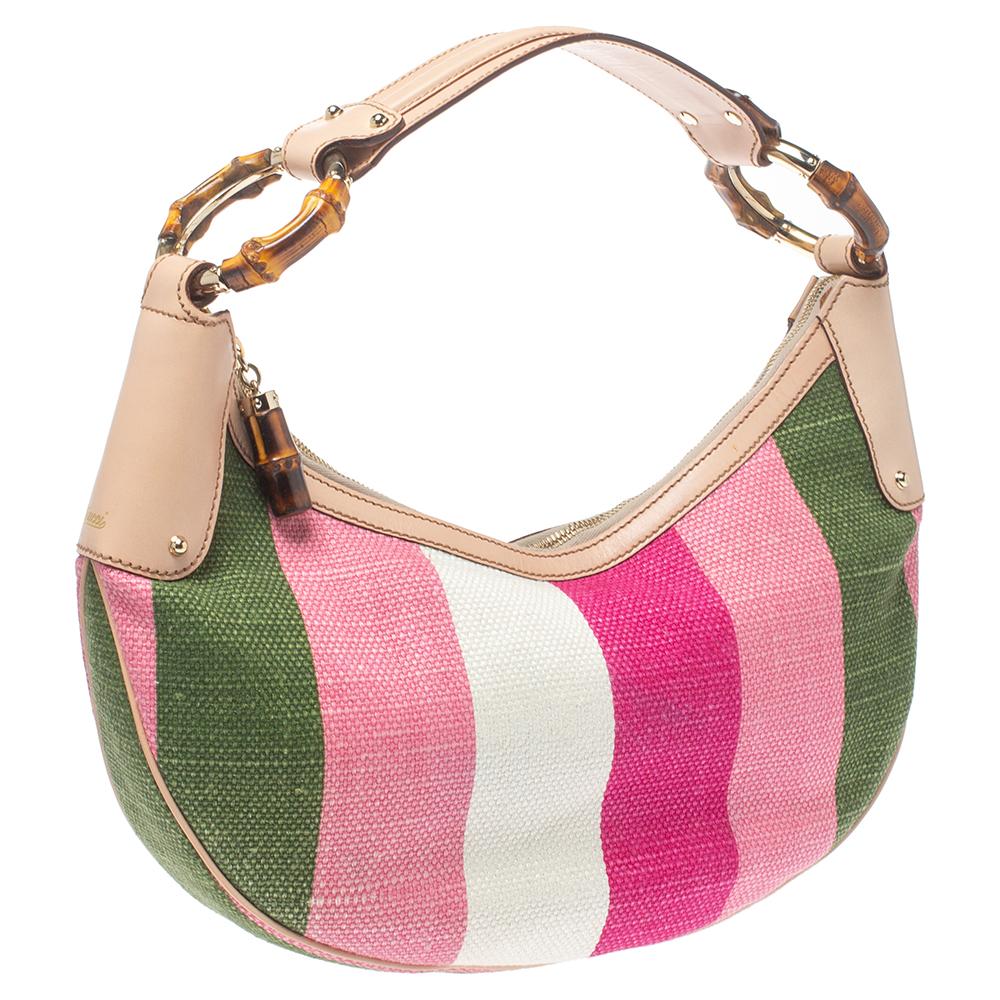 Mehrfarbig gestreifter Rafia- und Leder-Bambusring von Gucci Hobo aus Leder (Beige)
