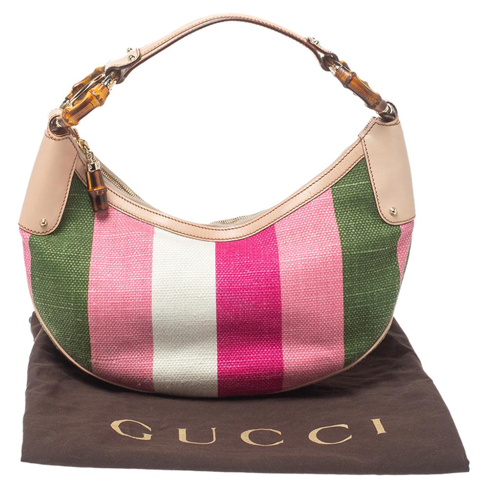 Gucci Multicolor Striped Rafia And Leather Bamboo Ring Hobo 1