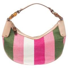 Gucci Multicolor Striped Rafia And Leather Bamboo Ring Hobo