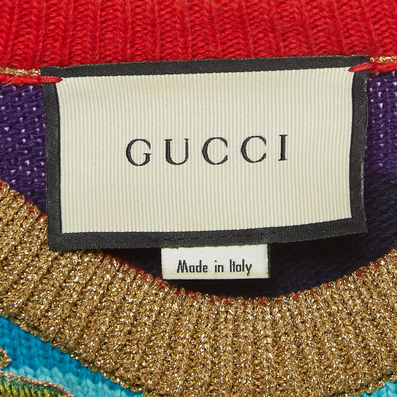 Mehrfarbig gestreifter, bestickter Gucci-Pullover aus Wolle, M im Angebot 3