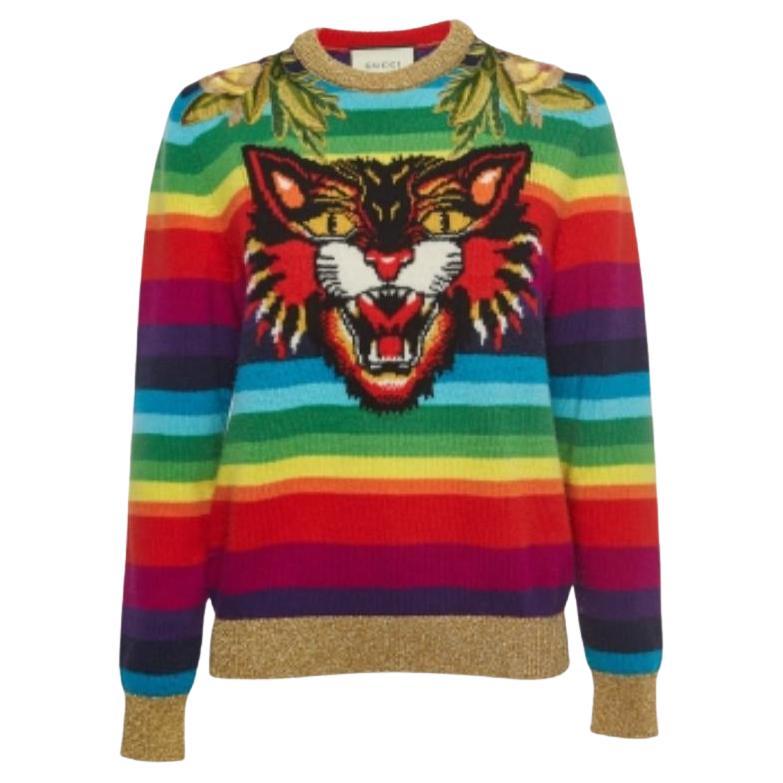 Mehrfarbig gestreifter, bestickter Gucci-Pullover aus Wolle, M