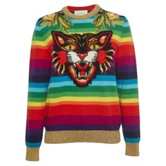 Mehrfarbig gestreifter, bestickter Gucci-Pullover aus Wolle, M
