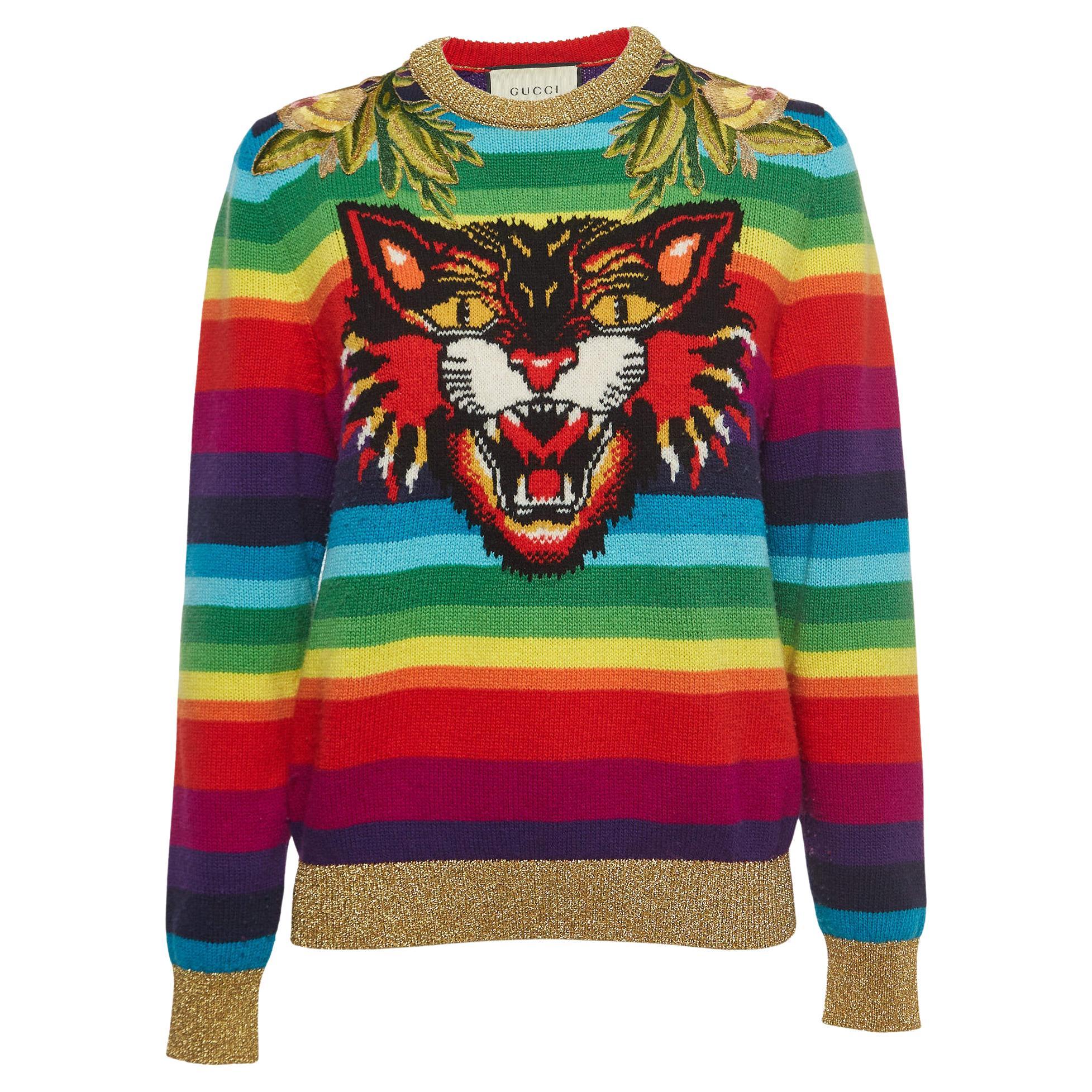 Gucci Multicolor Striped Wool Embroidered Sweater M For Sale