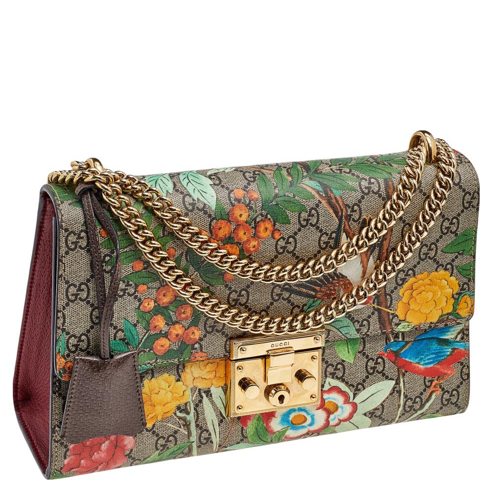 Brown Gucci Multicolor Tian Print GG Supreme Canvas Medium Padlock Shoulder Bag