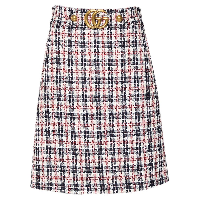 Gucci Multicolor Tweed Metal Logo Belt Detail A-Line Skirt M