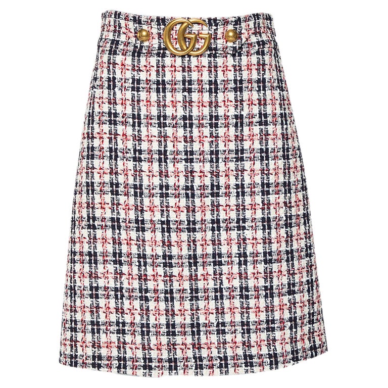 Gucci Multicolor Tweed Metal Logo Belt Detail A-Line Skirt M at 1stDibs |  gucci a line skirt, gucci skirt with belt, gucci tweed skirt