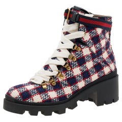 Gucci Multicolor Vintage Check Tweed Lace Up Combat Boots Size 40
