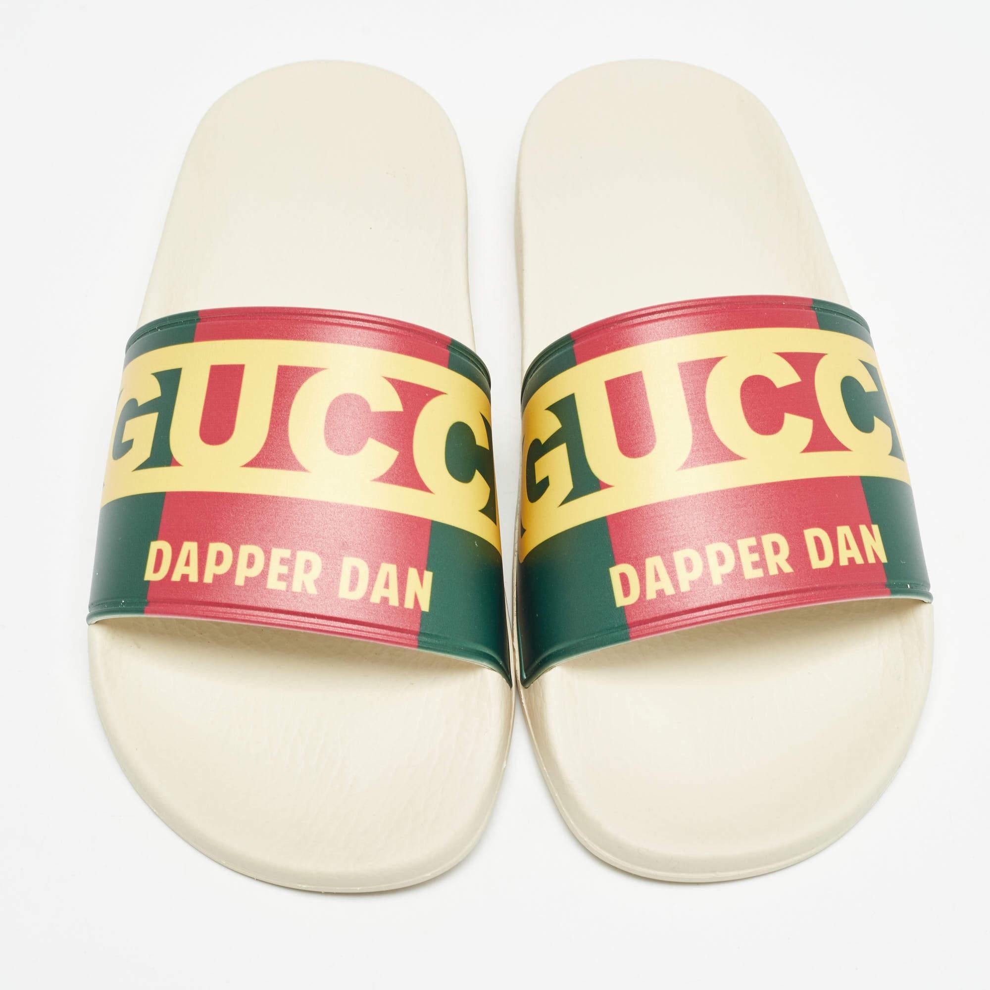 White Gucci Multicolor Web Logo Print Rubber Dapper Dan Slides Size 37
