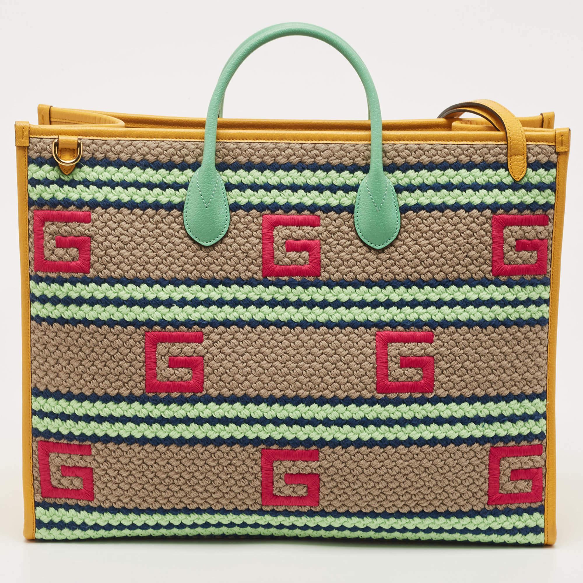 Gucci Multicolor Woven Fabric and Leather Square G Capri Stripe Tote 5