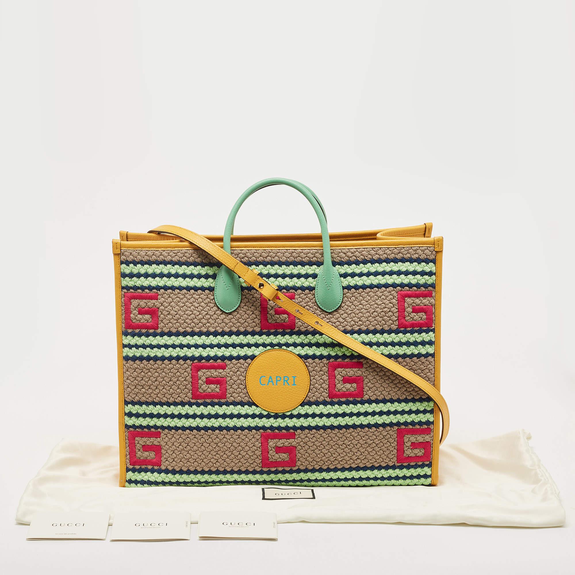Gucci Multicolor Woven Fabric and Leather Square G Capri Stripe Tote 8