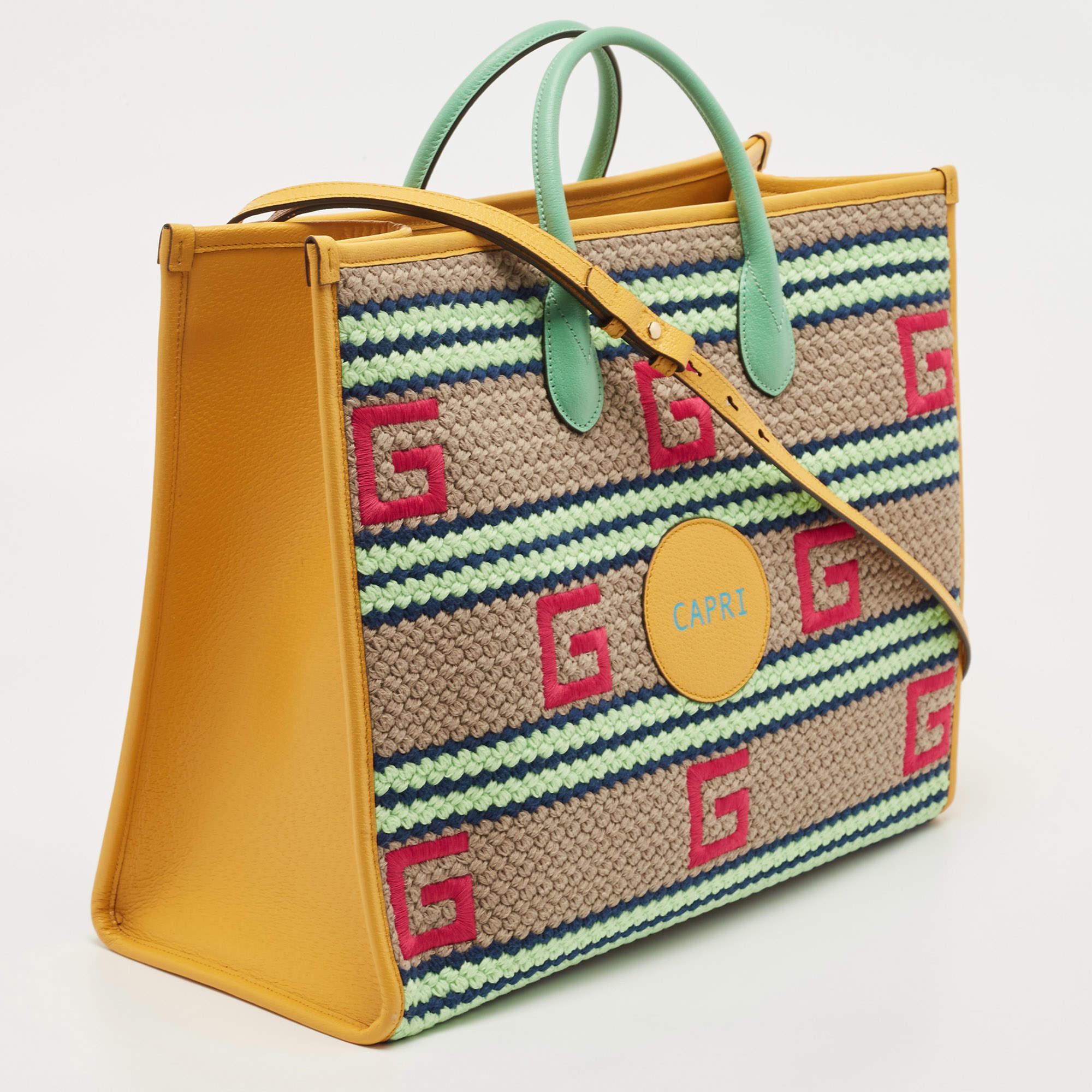 Beige Gucci Multicolor Woven Fabric and Leather Square G Capri Stripe Tote