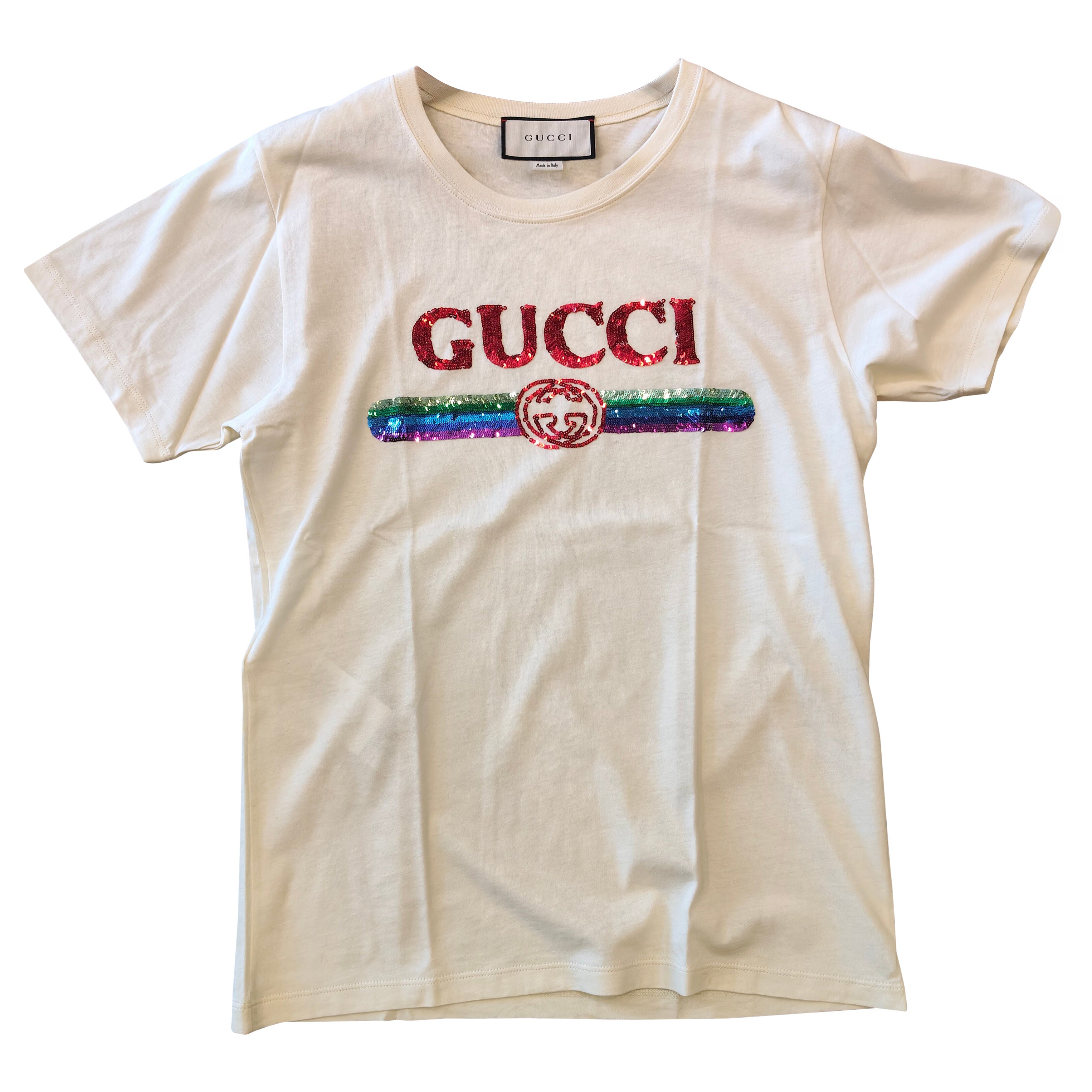 Gucci T-Shirt aus cremefarbener Baumwolle mit mehrfarbigem Logo aus Pailletten, Größe XS