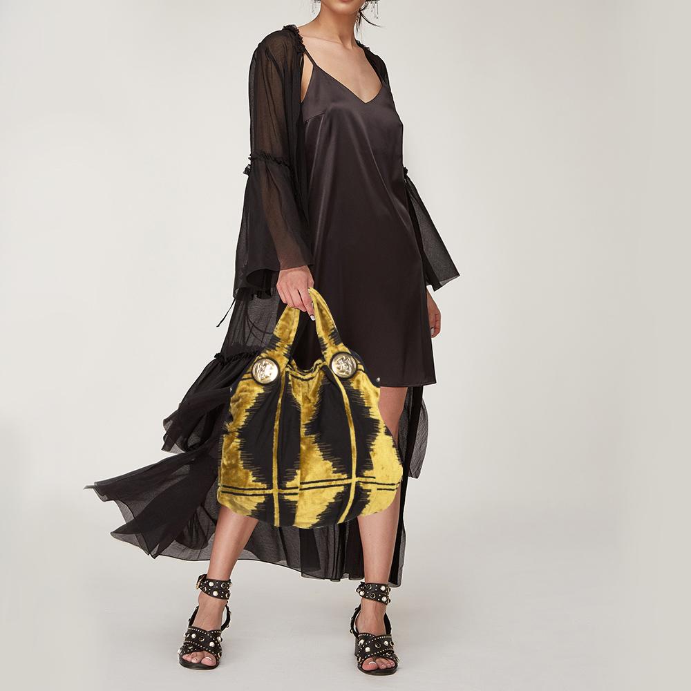 Brown Gucci Mustard/Black Printed Velvet and Fabric Large Hysteria Hobo