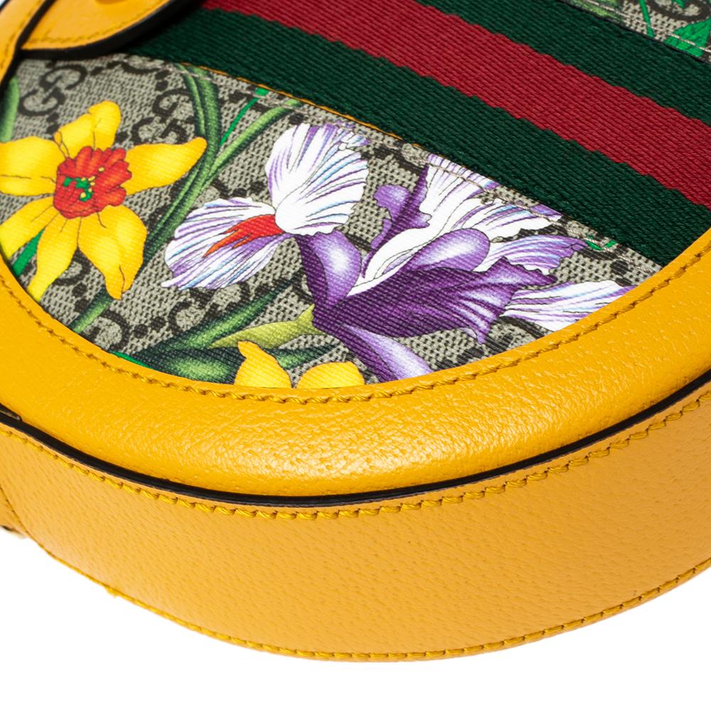 Gucci Mustard GG Supreme Canvas and Leather Mini Ophidia Floral Round Bag 3