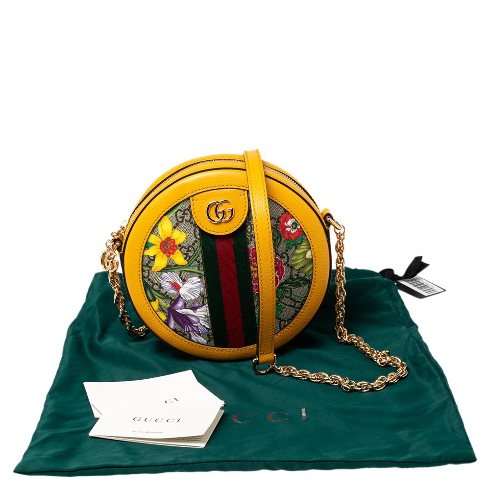 Gucci Mustard GG Supreme Canvas and Leather Mini Ophidia Floral Round Bag 4