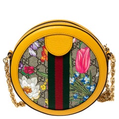 Gucci Mustard GG Supreme Canvas and Leather Mini Ophidia Floral Round Bag