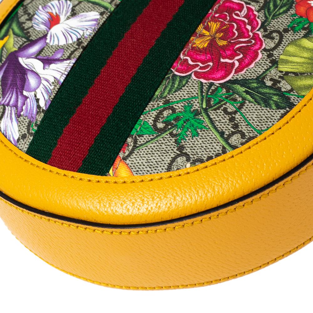 Women's Gucci Mustard GG Supreme Canvas and Leather Mini Ophidia Floral Round Bag